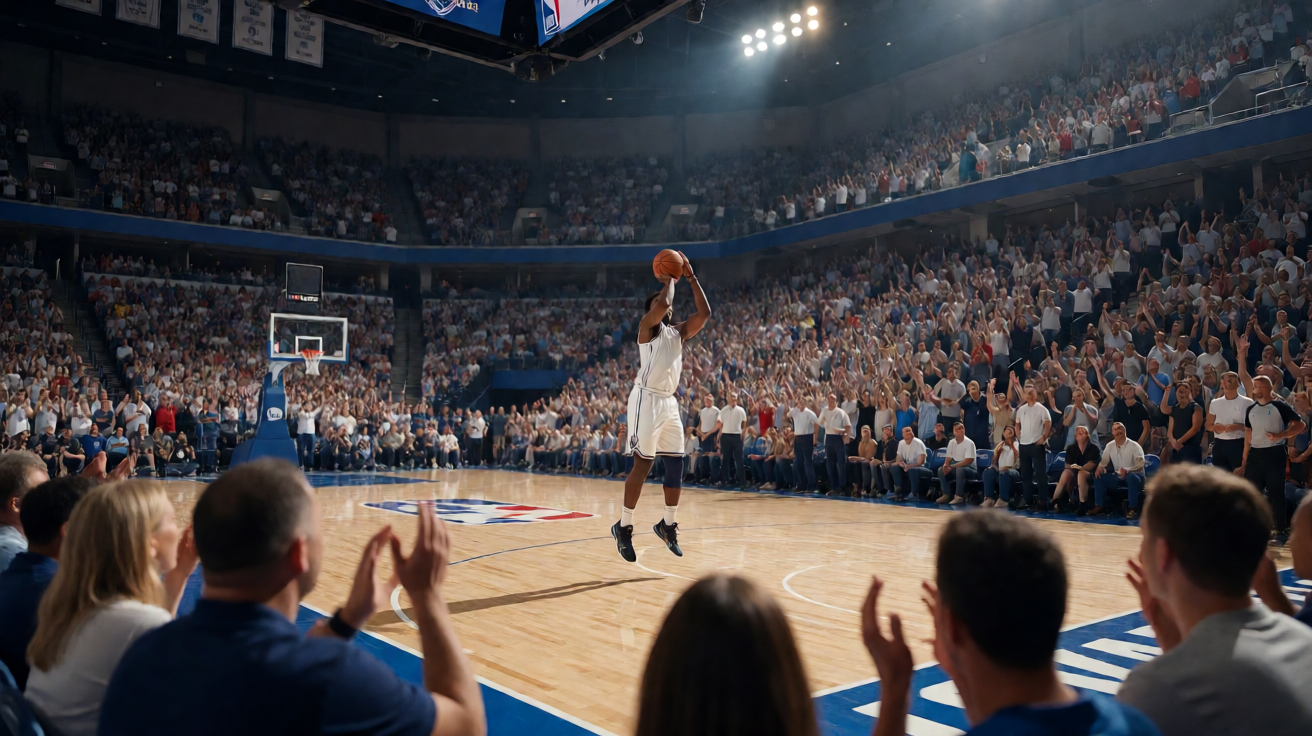 NBA篮球比赛现场，球员跳投瞬间